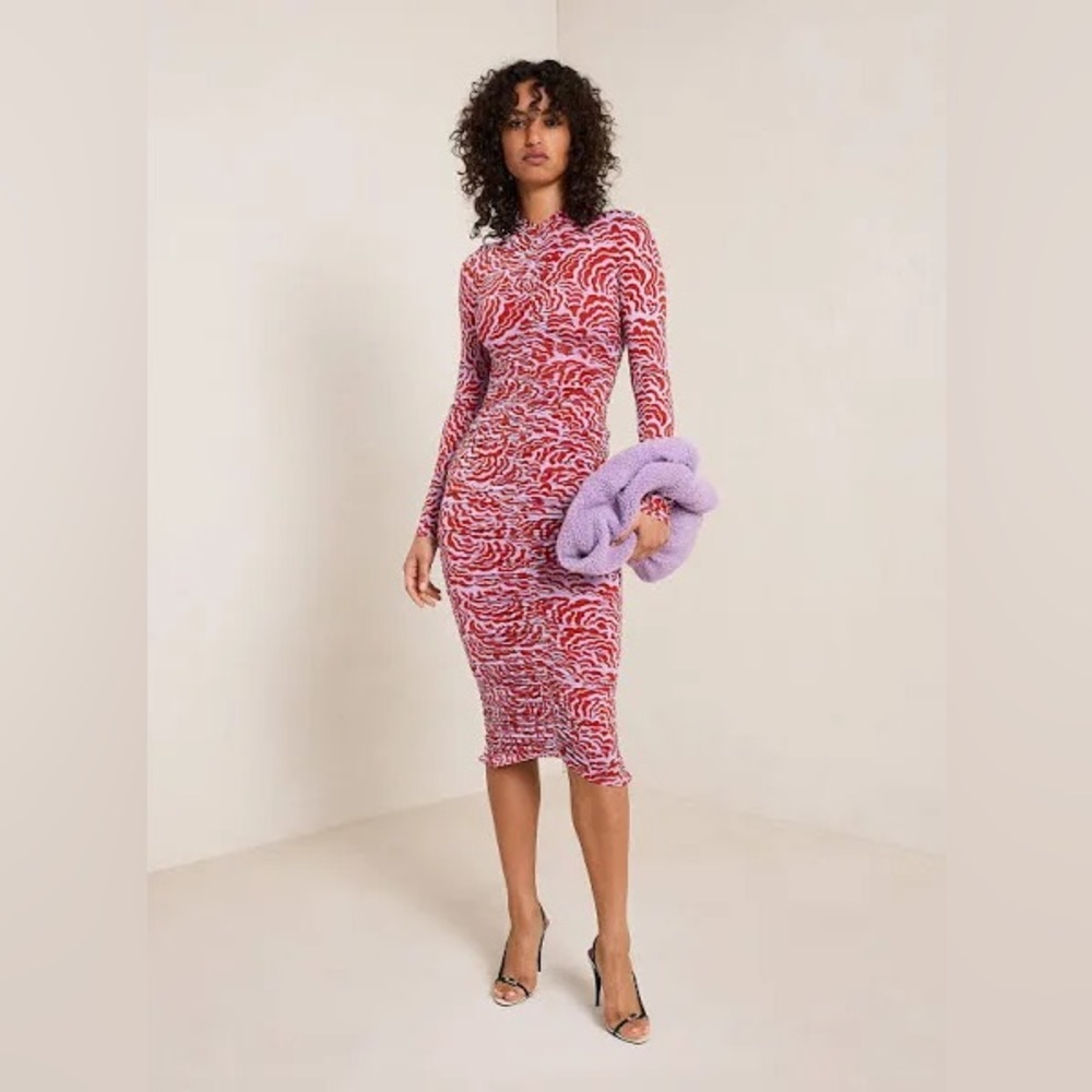 A.L.C. Ruched Mesh Bodycon Midi Dress Red Pink‎ Print Size S